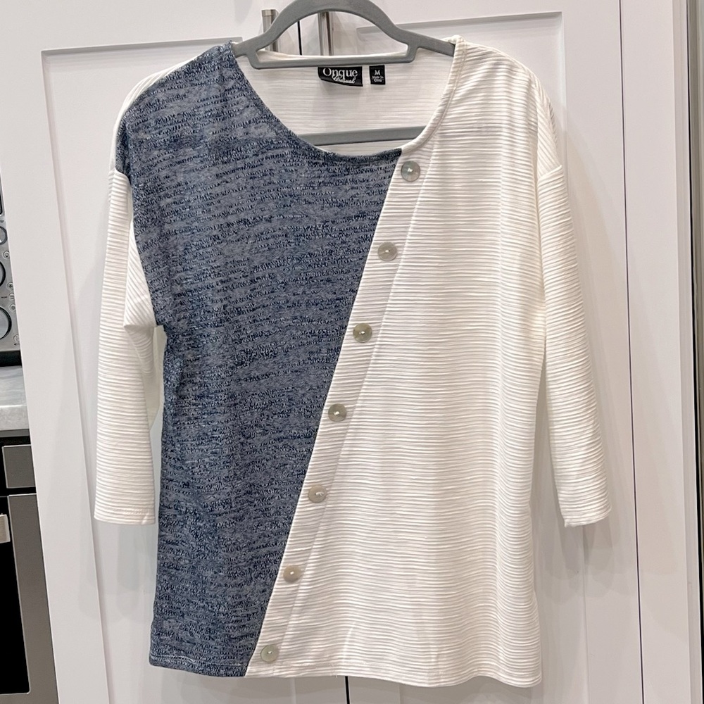 Onque Casual Blue White Button Front Colorblock 3/4 Sleeve Top